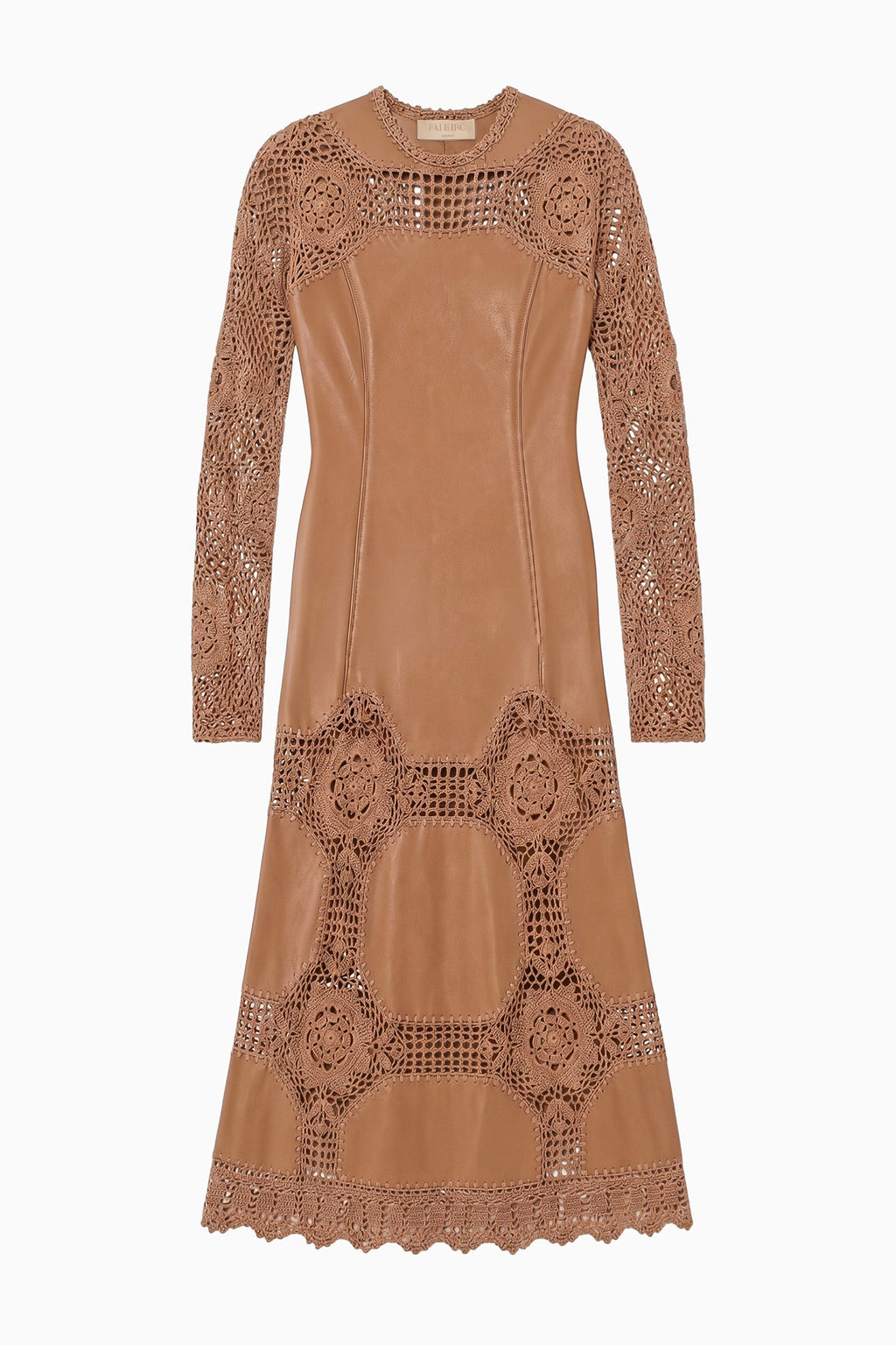Emi Long Sleeve Crochet & Leather Dress - Camel