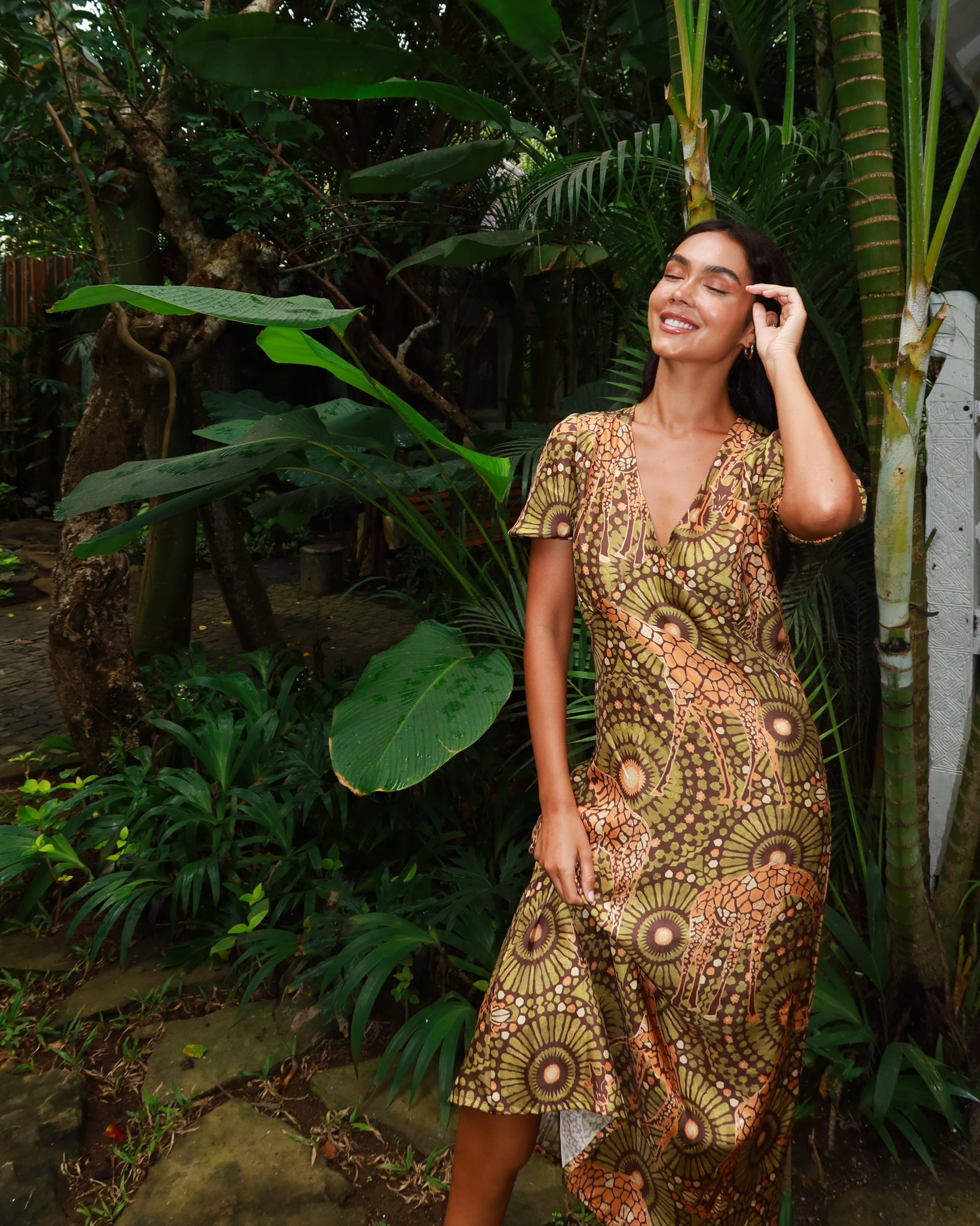 The Africa -  Silk Puff Sleeve V-Neck Maxi Dress