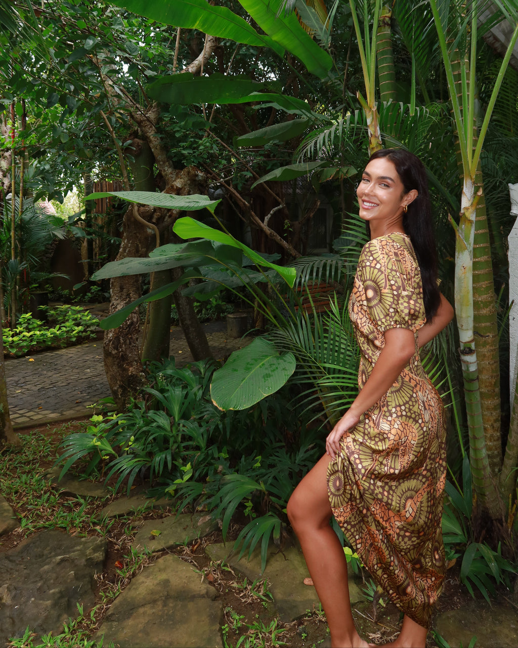 The Africa -  Silk Puff Sleeve V-Neck Maxi Dress