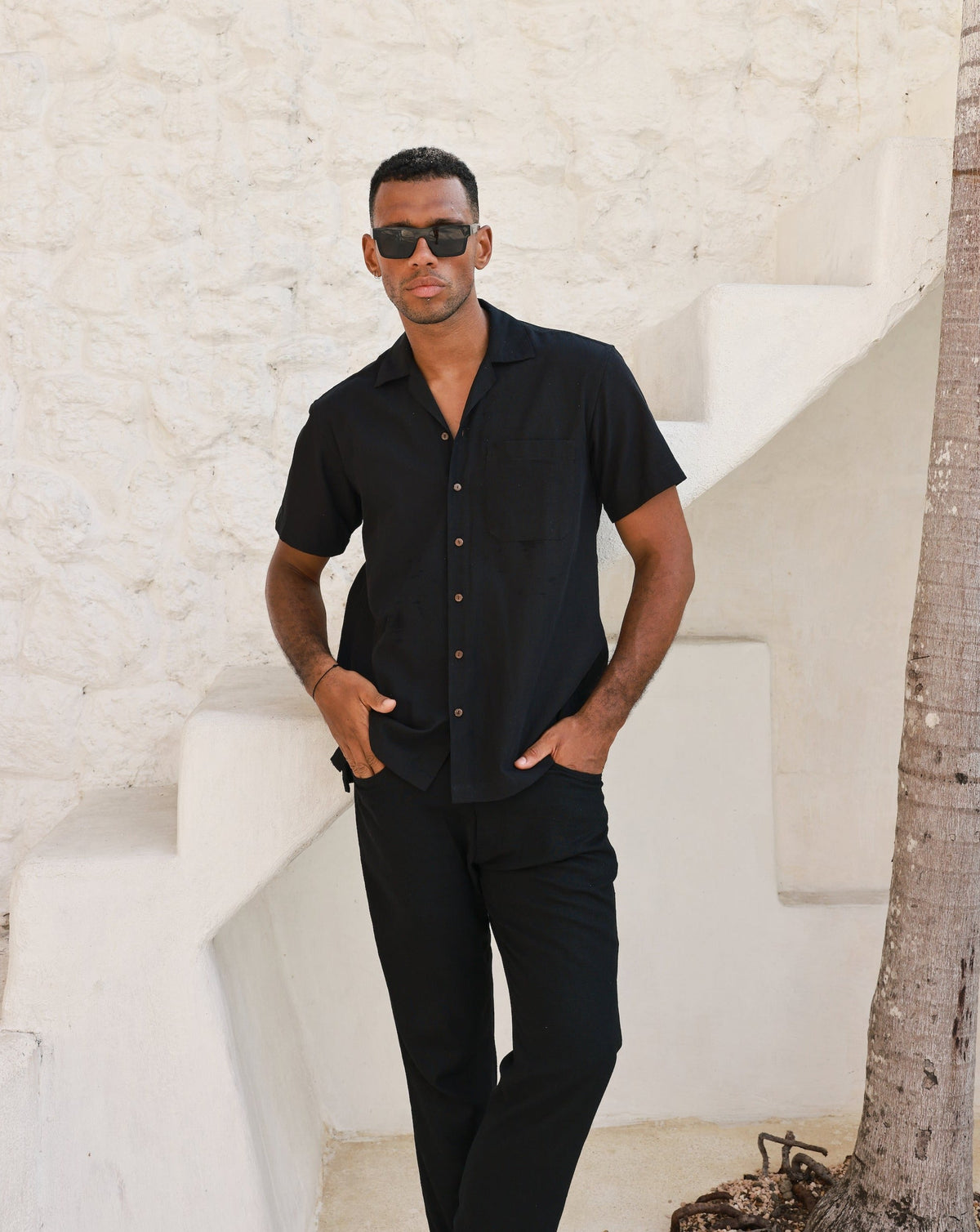 The Mykonos - Black Linen Camp Collar Shirt