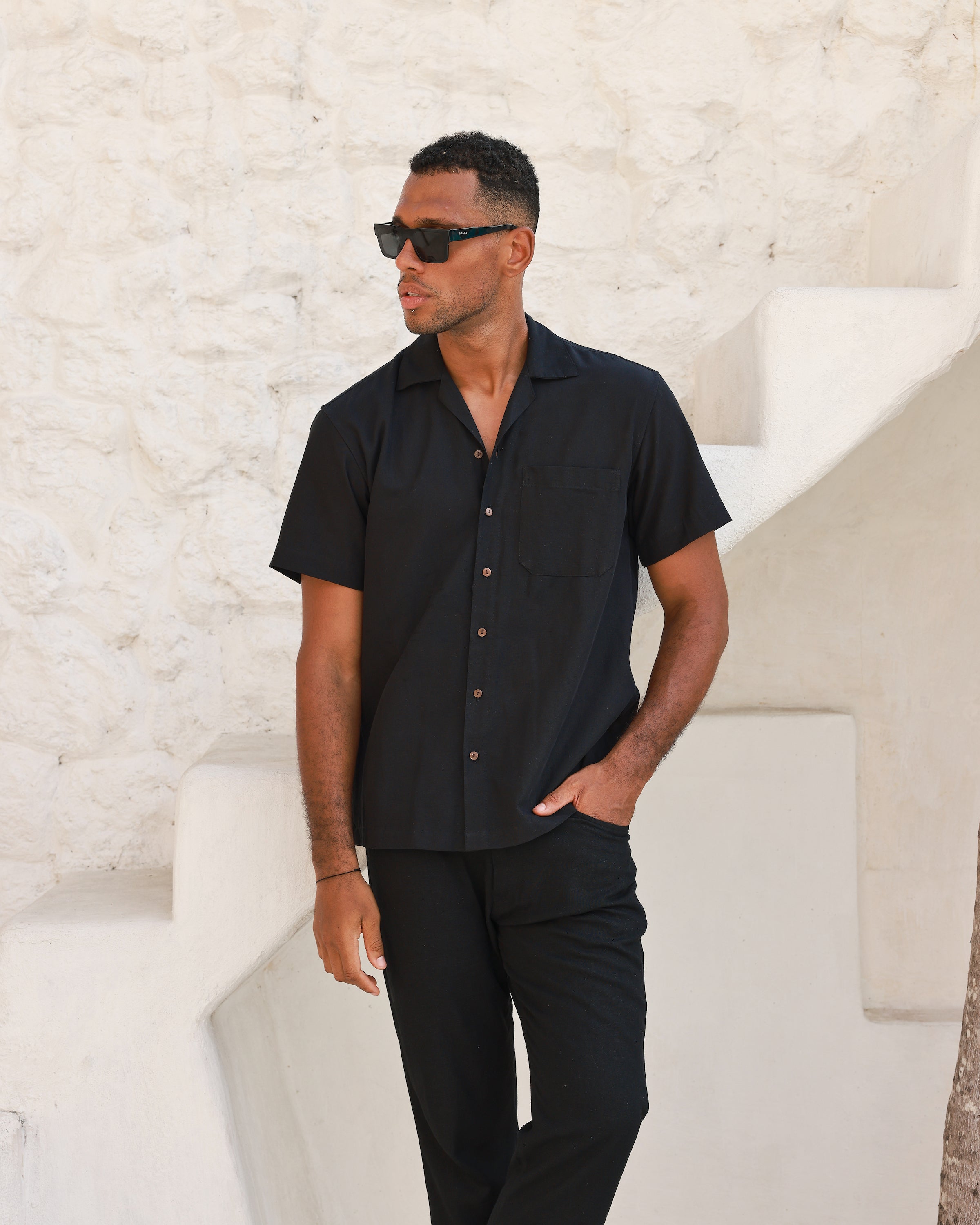 The Mykonos - Black Linen Camp Collar Shirt