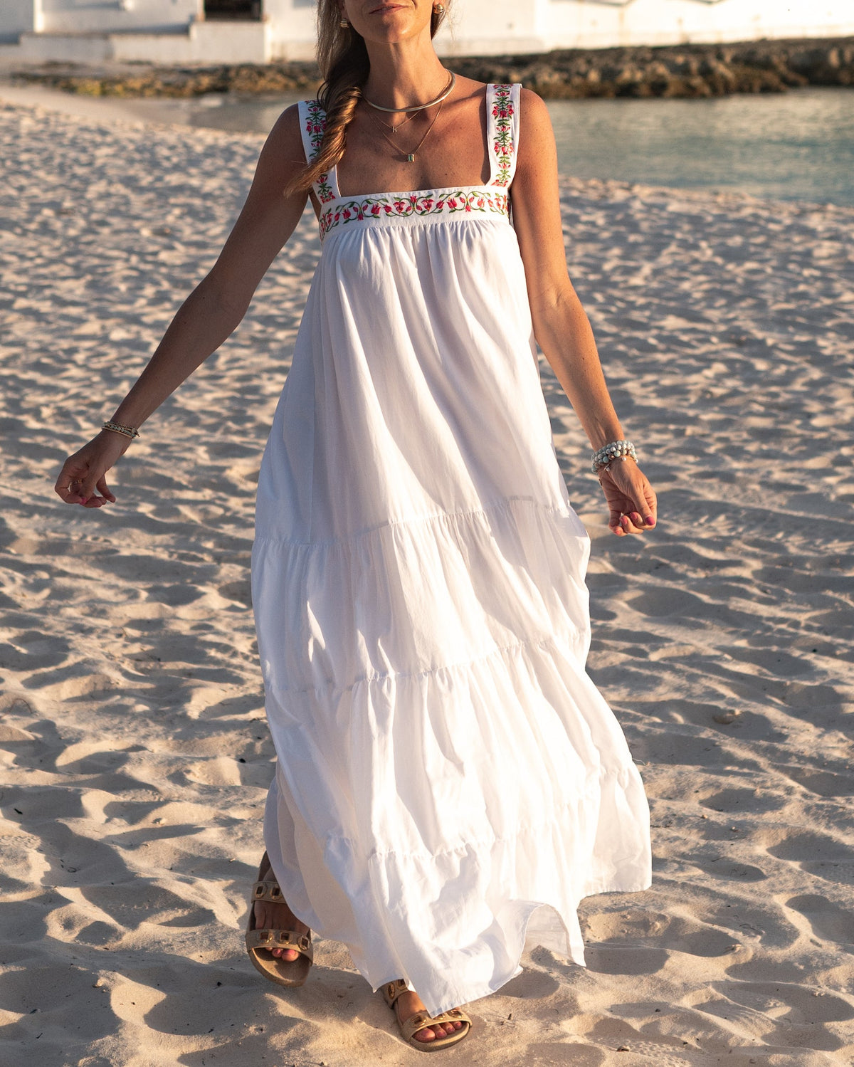 The Greek Isles - Bougainvillea Embroidered Cotton Maxi Dress
