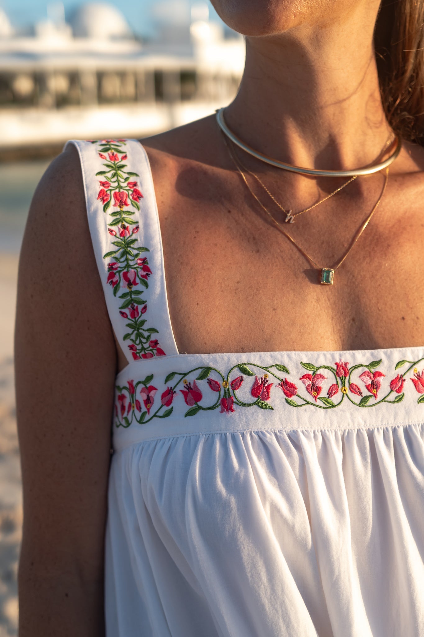 The Greek Isles - Bougainvillea Embroidered Cotton Maxi Dress