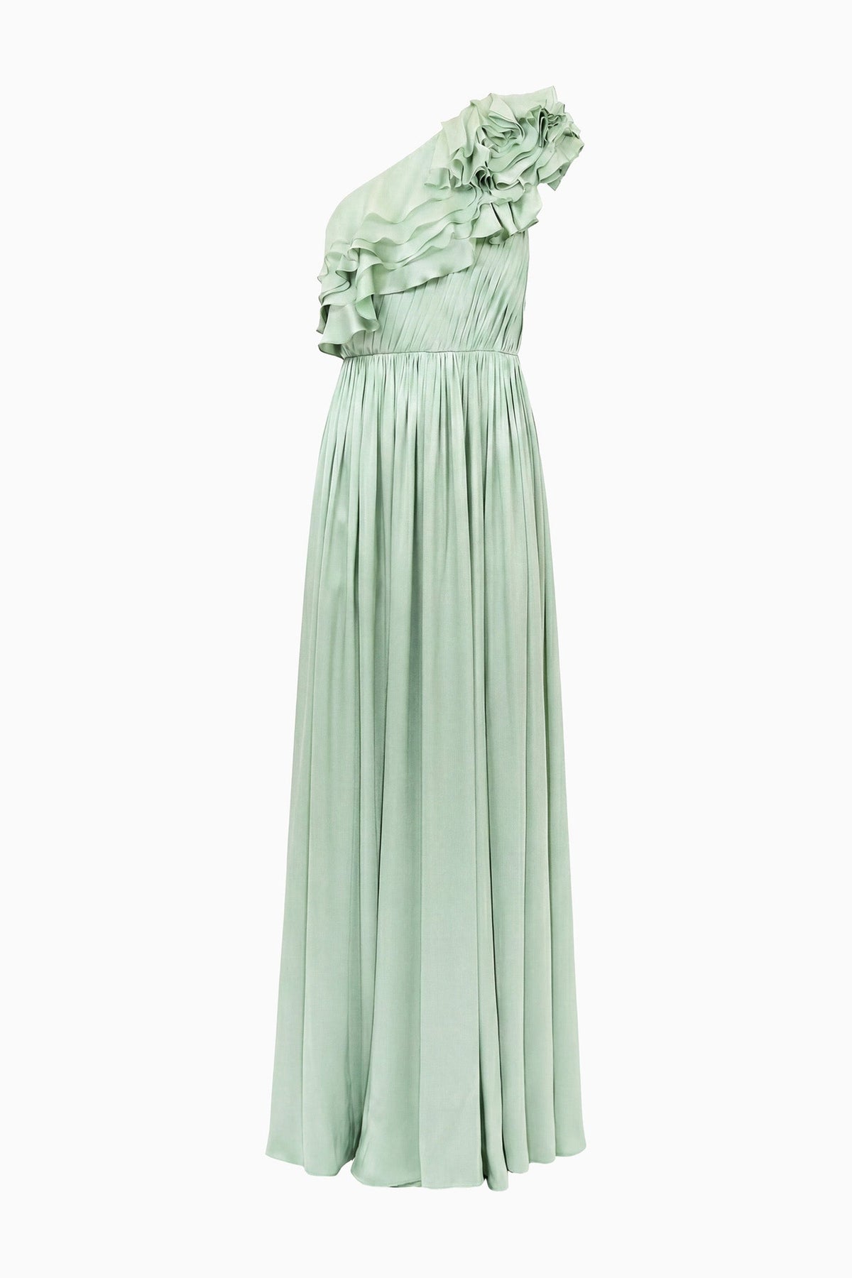 Avalina Ruffled Silk One Shoulder Gown - Celadon
