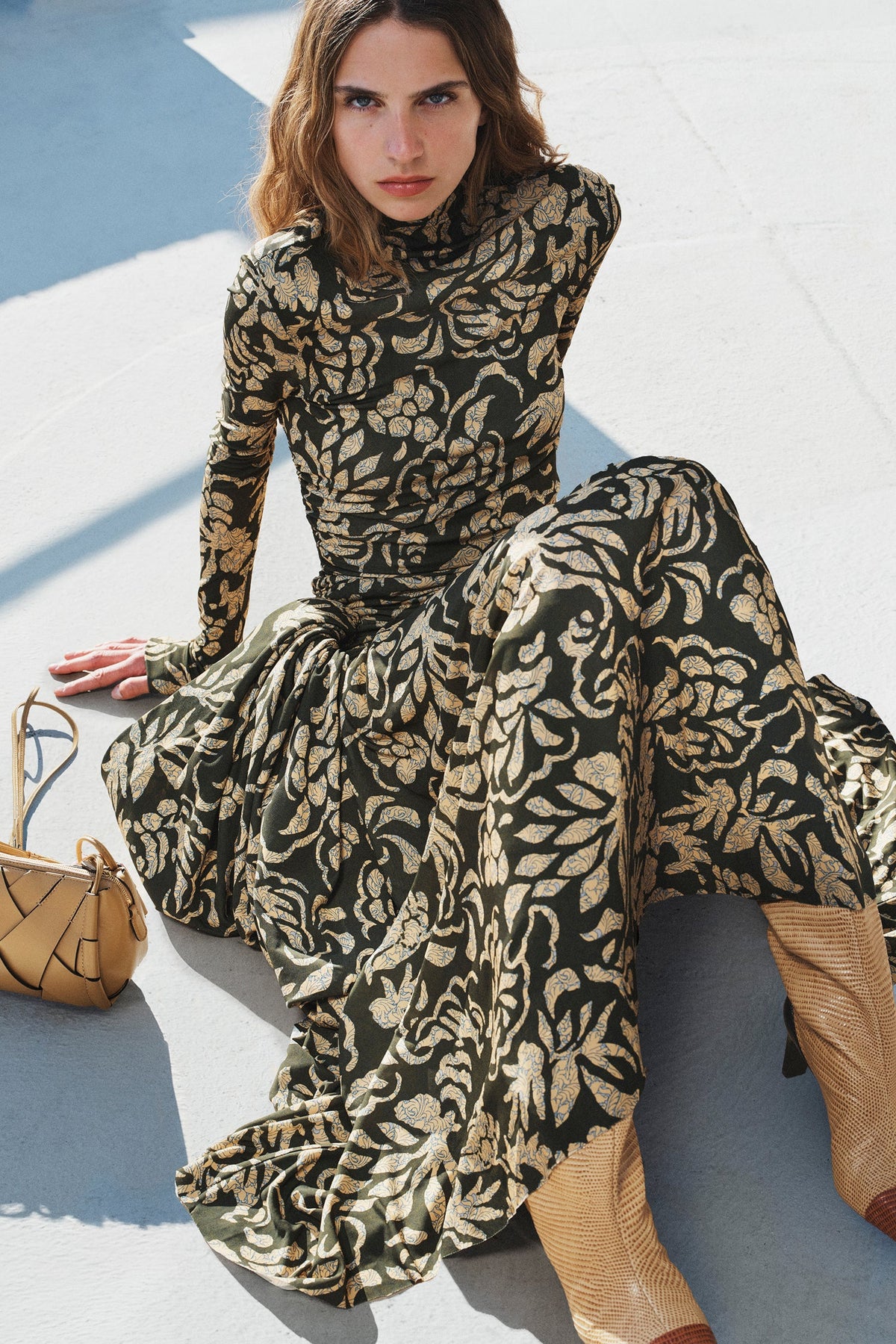 Katy Draped Jersey Dress - Khaki Floral