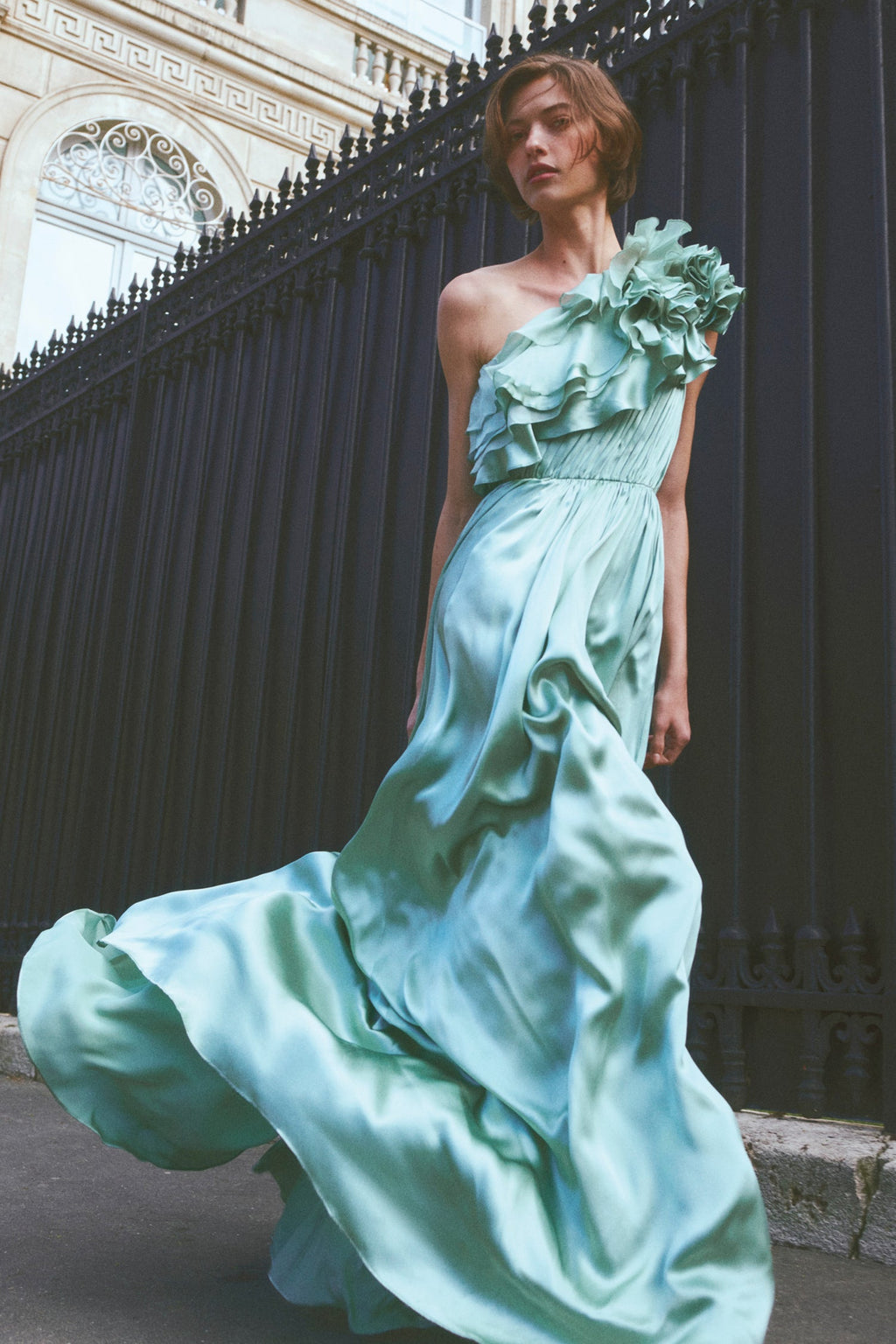 Avalina Ruffled Silk One Shoulder Gown - Celadon
