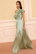 Avalina Ruffled Silk One Shoulder Gown - Celadon