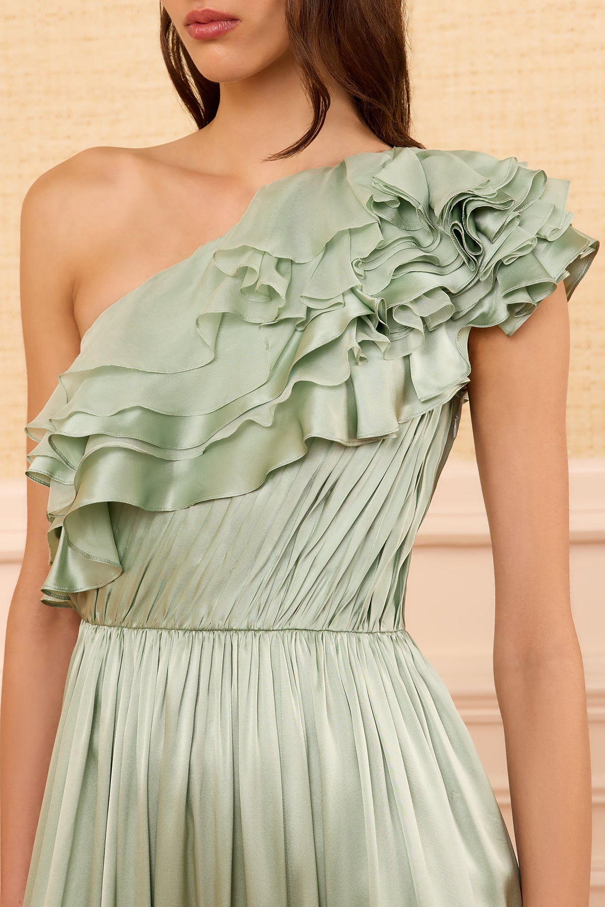 Avalina Ruffled Silk One Shoulder Gown - Celadon