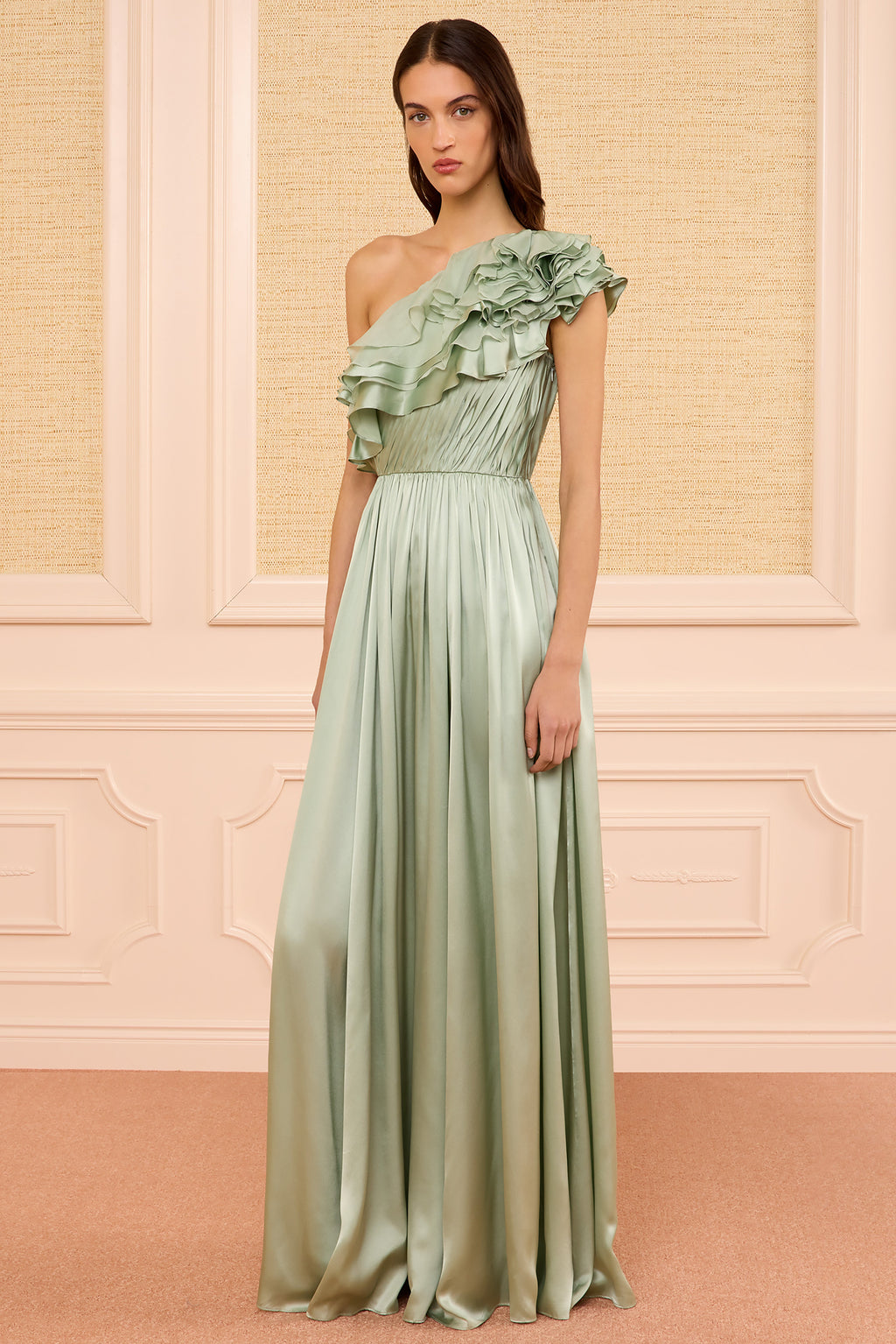 Avalina Ruffled Silk One Shoulder Gown - Celadon