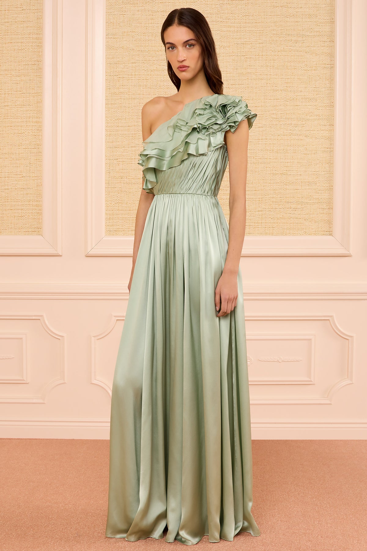 Avalina Ruffled Silk One Shoulder Gown - Celadon