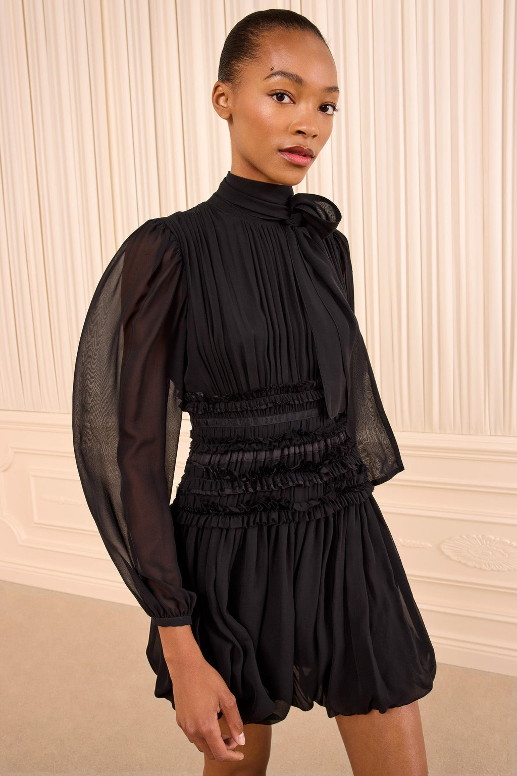 Celestine Long Sleeve Silk Dress - Noir