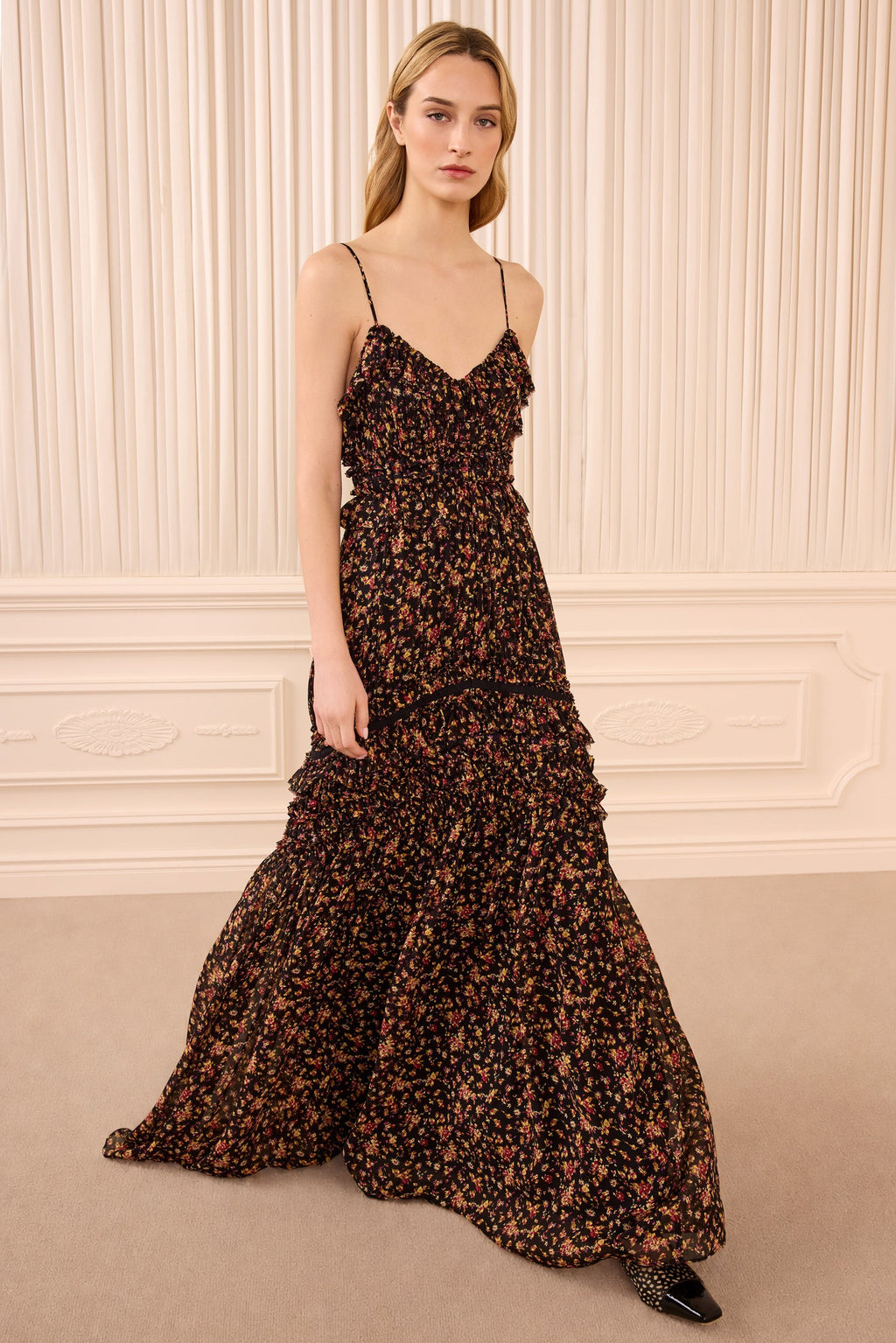 Dorothea Sleeveless Silk Gown - Noir Mille Fleur