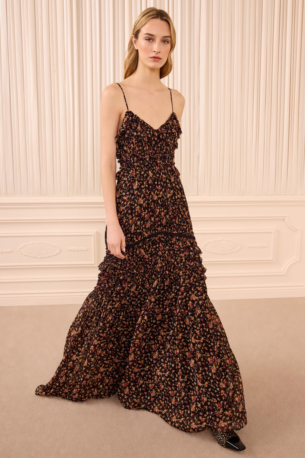 Dorothea Sleeveless Silk Gown - Noir Mille Fleur