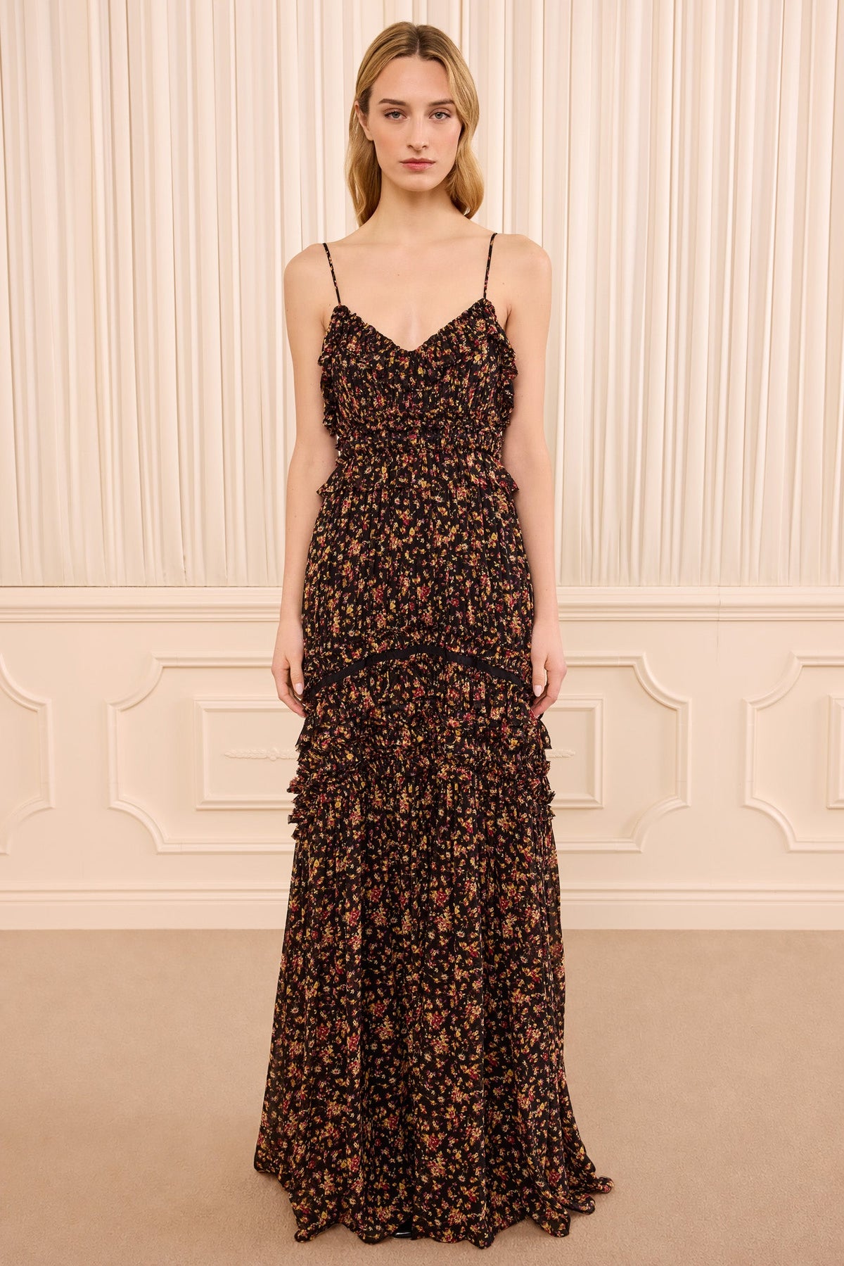 Dorothea Sleeveless Silk Gown - Noir Mille Fleur