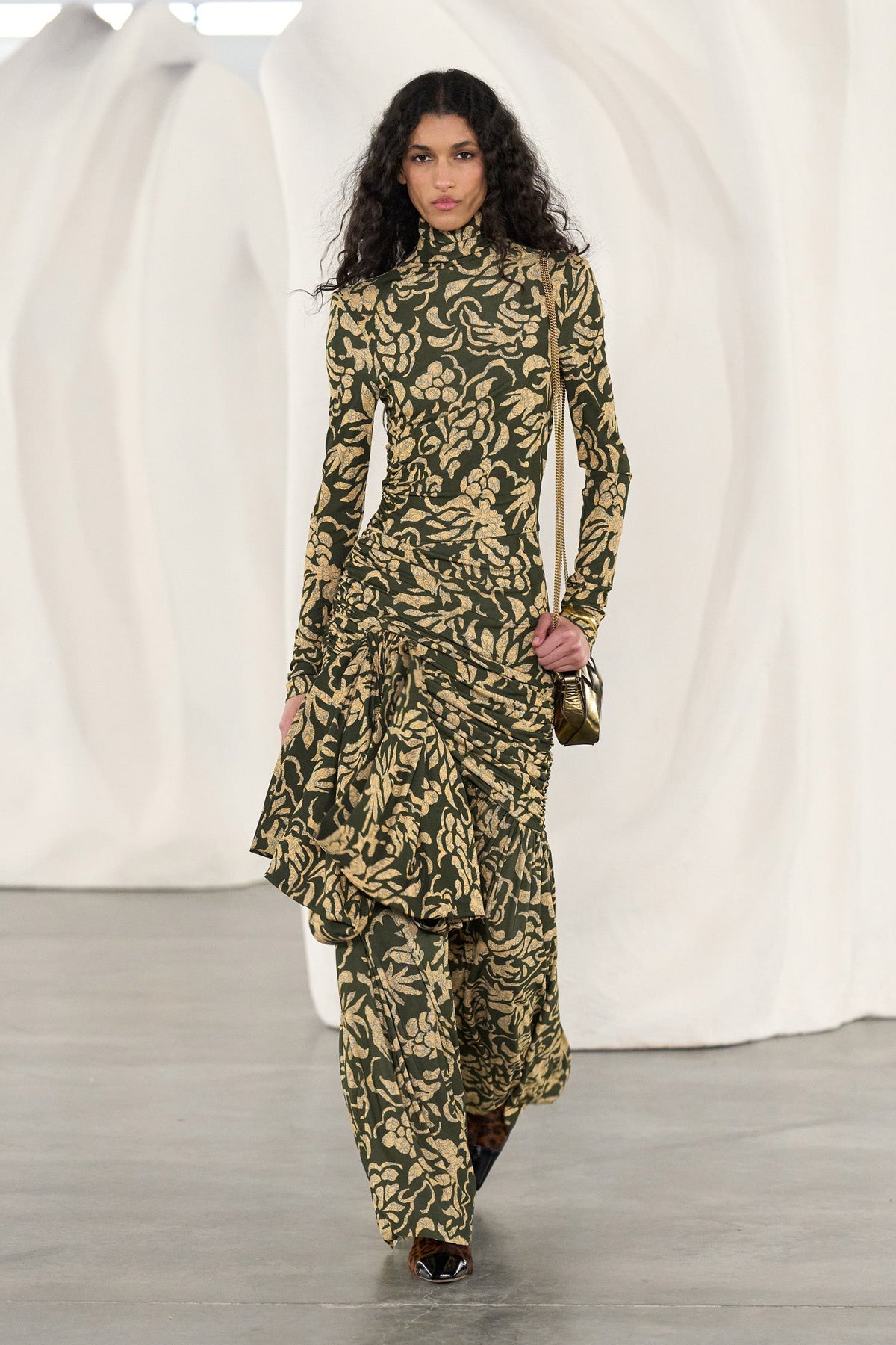 Katy Draped Jersey Dress - Khaki Floral