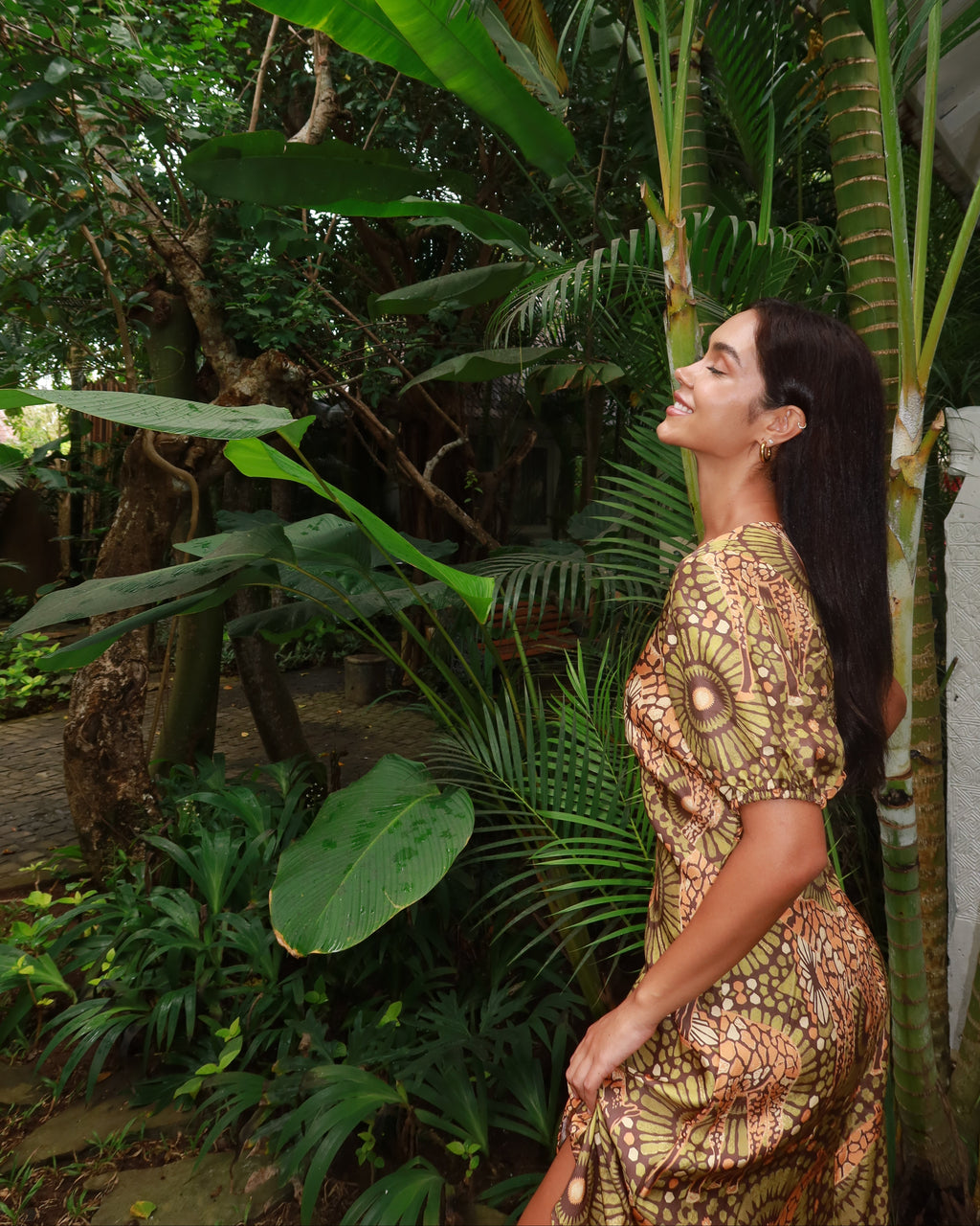 The Africa -  Silk Puff Sleeve V-Neck Maxi Dress