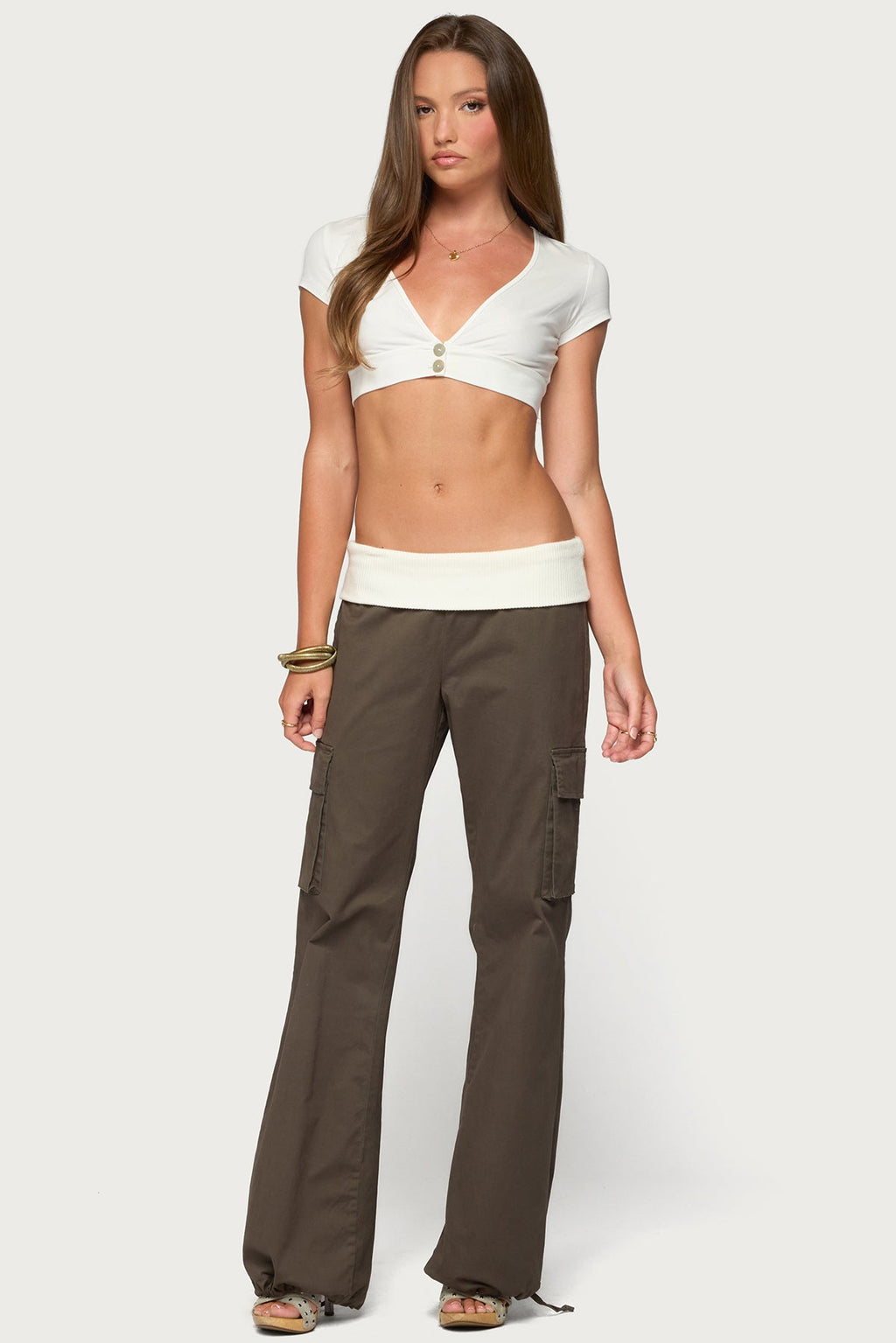 Jolee Contrast Ribbed Foldover Cargo Pants