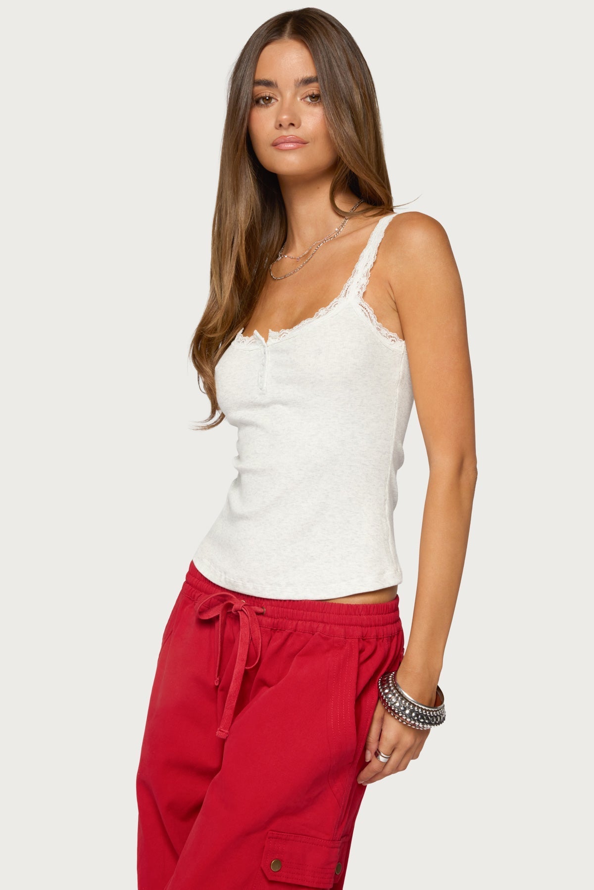Contrast Stitched Lacey Henley Top