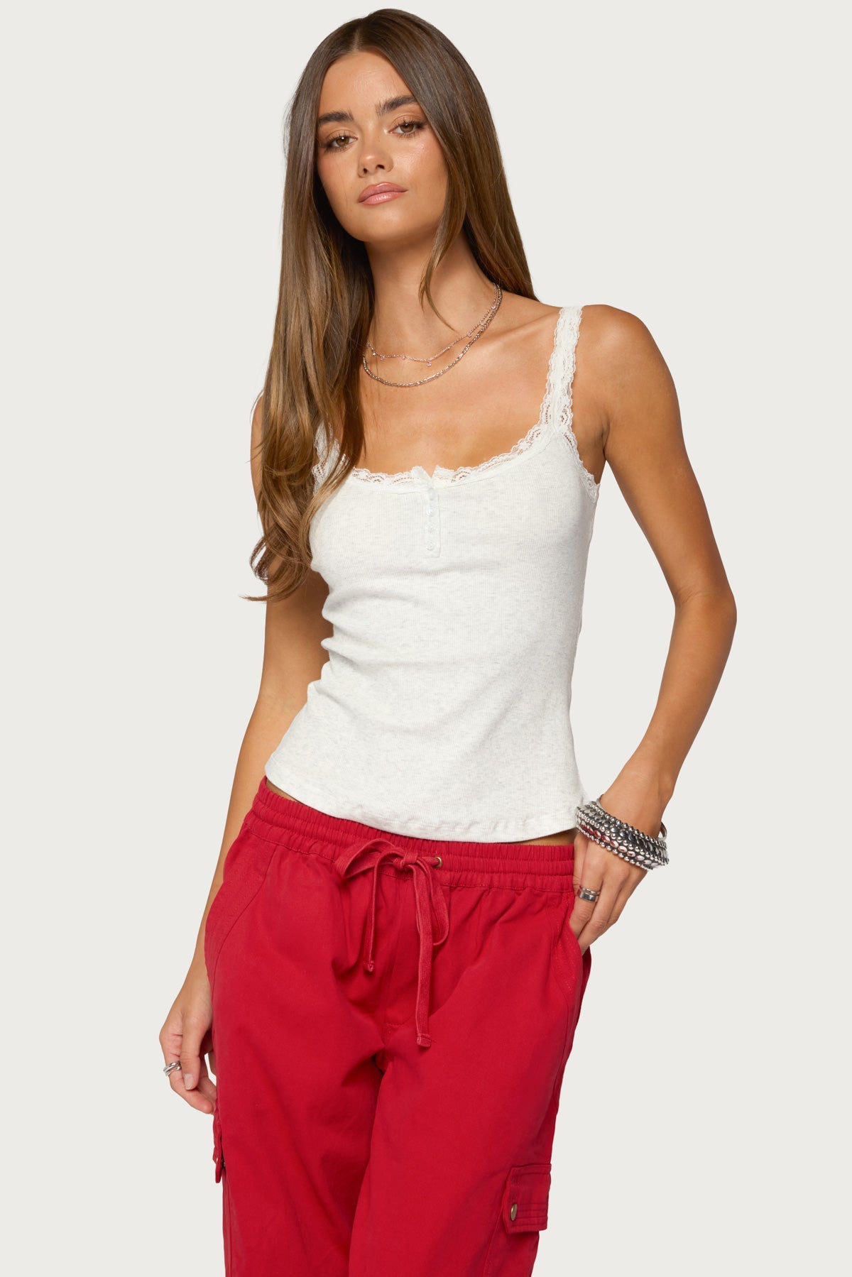 Contrast Stitched Lacey Henley Top