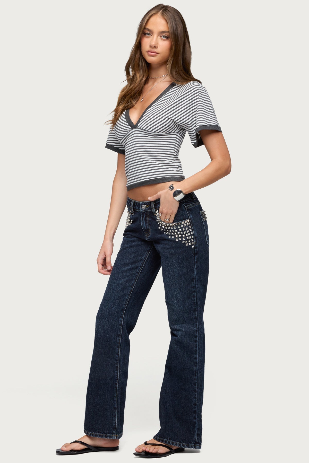 Primrosa Striped V Neck Flutter Top