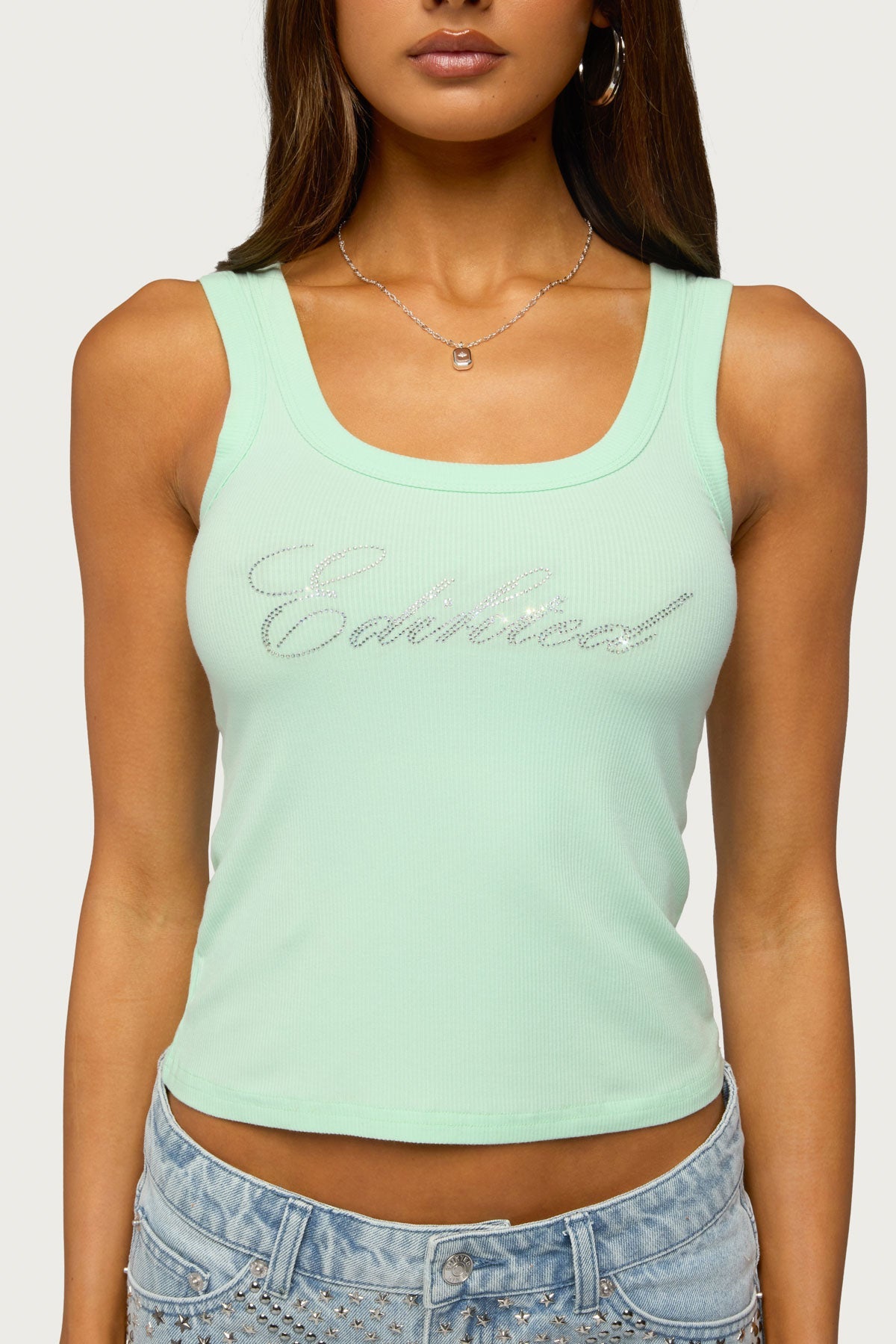 Edikted Star Rhinestone Ribbed Tank Top