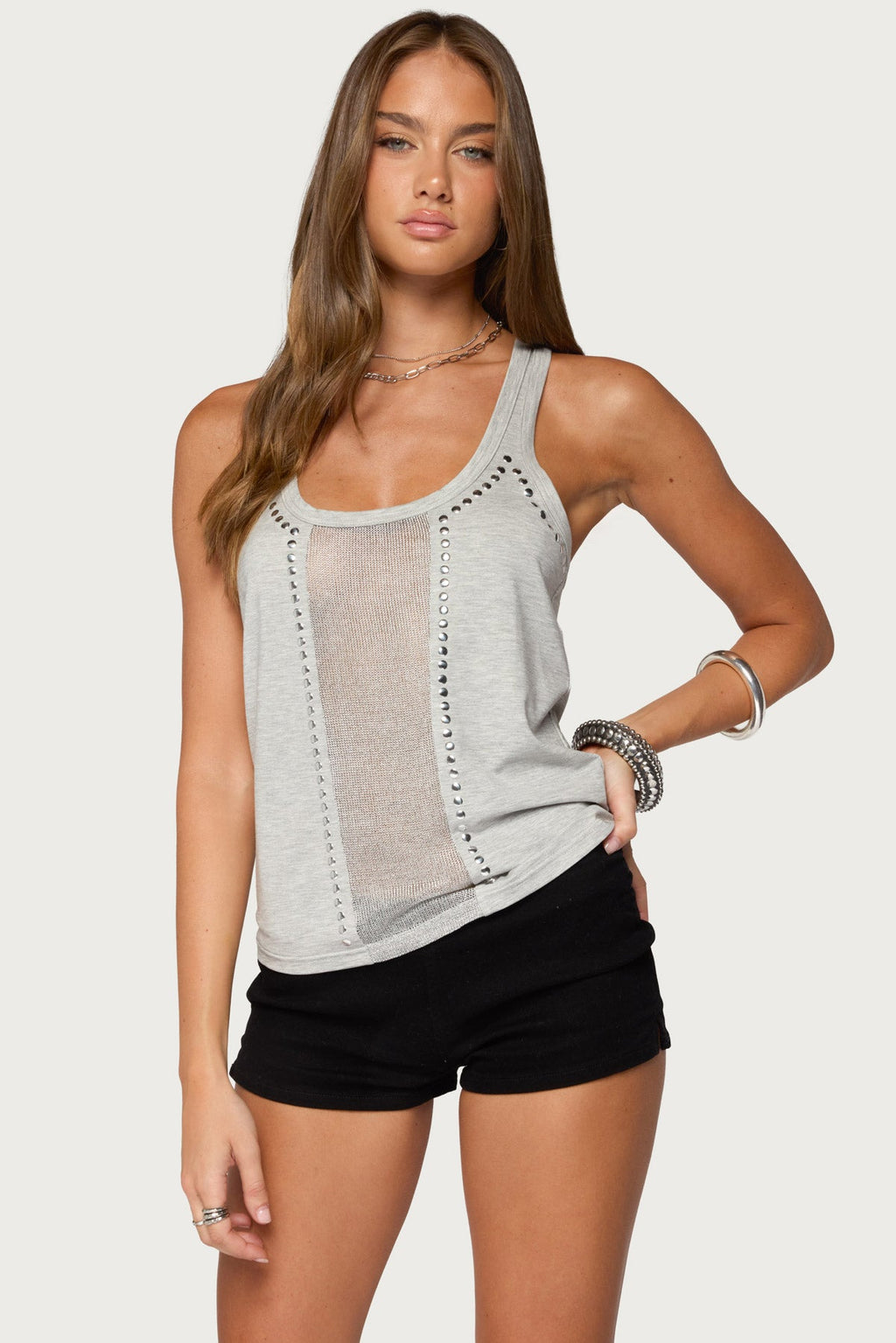 Jali Silver Knit Studded Tank Top