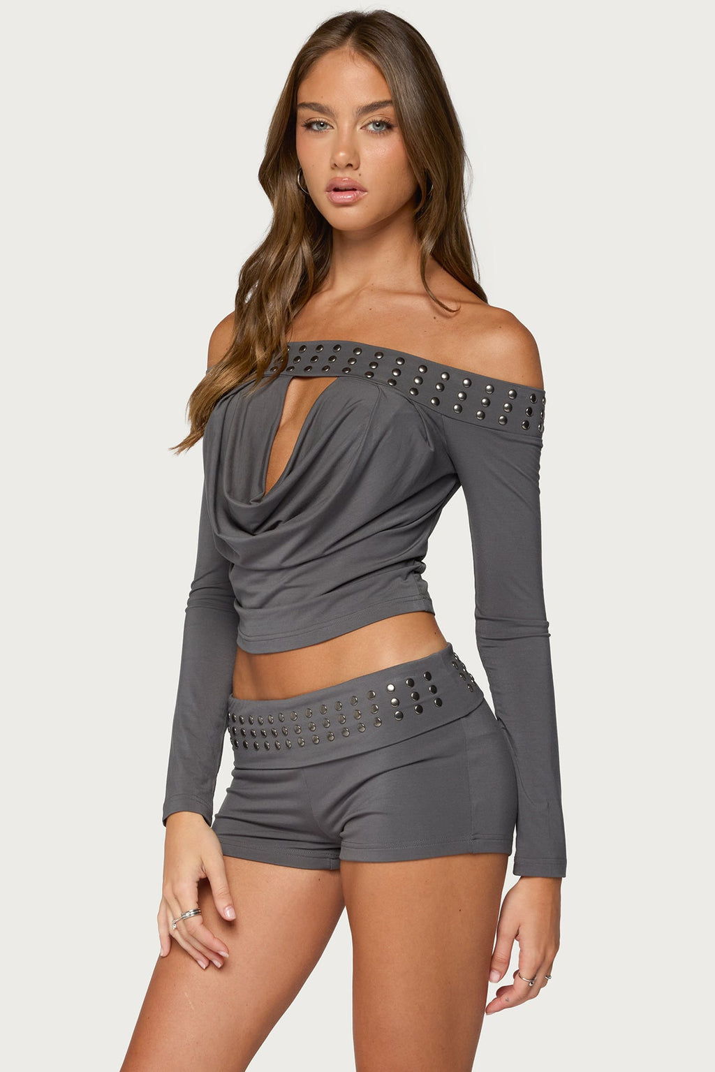 Amy Studded Off Shoulder Cowl Neck Top