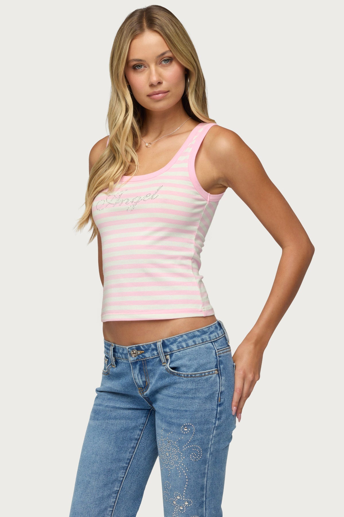 Angel Glow Rhinestone Striped Tank Top